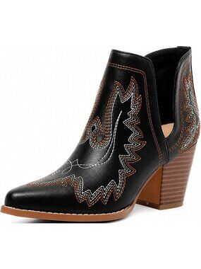 Women’s Black Cowboy Ankle Boots Pointed Toe Chunky Heel Western Cowgirl Boots